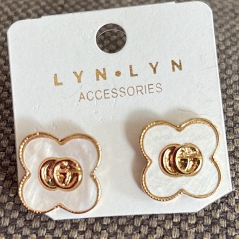 Gold and Opal White LV Gucci Logo Earrings - designer bling